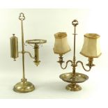 Two vintage adjustable brass table lamps, one with twin holders and lamp shades, 37 by 48cm,