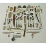 A collection of silver, coins and costume jewellery, including a 9ct gold brooch set with a ruby, 1.