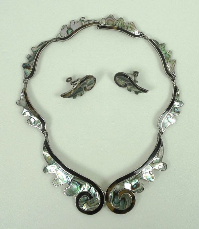 A Scandinavian abalone and tortoiseshell on silver necklace and matching screw back earrings,