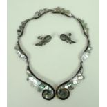 A Scandinavian abalone and tortoiseshell on silver necklace and matching screw back earrings,