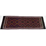 A Suzni Kilim runner rug, with eighteen diamond pendants made of latchhook borders i red, dark blue,