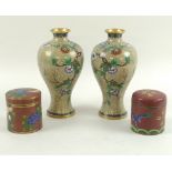 A pair of mid 20th century Chinese cloisonne vases decorated with mirror images of trailing vines