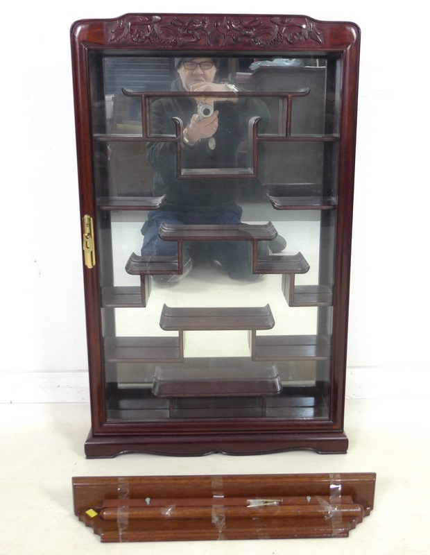 A modern Chinese hardwood display cabinet, carved with opposing dragons, - Image 2 of 7