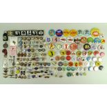 A large collection of vintage pin badges, mostly 1950s onwards, examples such as Snoopy, WWF,