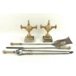 A George III set of brass and steel fire irons, with shovel, poker and tongs,