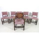 A set of six oak dining chairs, mid 20th century, panel backs, upholstered in pink velvet,