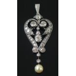 An early Art Deco diamond and pearl pendant, circa 1915,