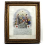 A Victorian printed and hand coloured certified order of the Freemasons, dated 1889,