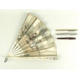 A hand painted silk fan, with bone handle and spines, 32.