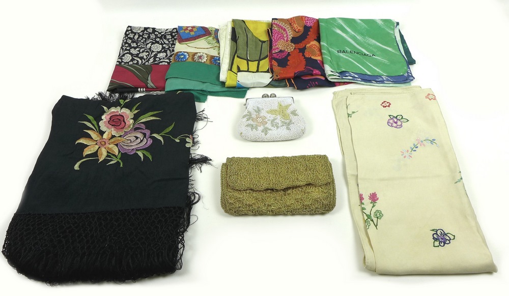 A collection of six silk head scarves, two marked Aquascutum, one marked Picasso,