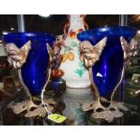 A pair of French blue glass and gilt metal mounted vases, circa 1900,