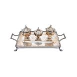 A silver rectangular hinge lidded ink stand,