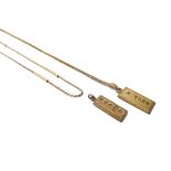 Two 9ct gold rectangular ingot shaped pendants, a curb link neckchain, on a bolt ring clasp,