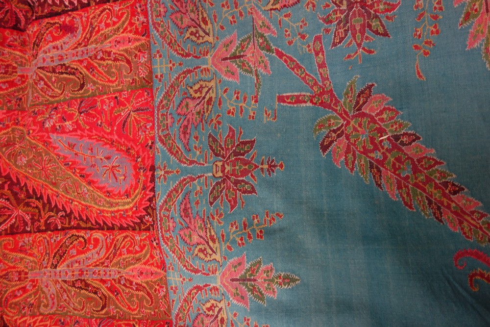 A late 19th century paisley square table cover with a turquoise main field within a boteh border - Image 2 of 8