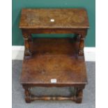 A set of 18th century style oak two tier library steps, with baluster supports,