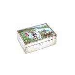 A Victorian silver and enamelled rectangular table cigarette box, wooden lined within,