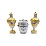 A pair of modern Dresden vases and covers, gilt and yellow foliate ground,