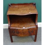 A George III inlaid mahogany two tier night stand, with serpentine base, on block supports,