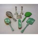 Silver and silver mounted wares, comprising; a pale green enamelled part dressing set,
