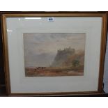 English School (19th century), Cattle and drover in a landscape, a castle beyond, watercolour,