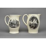 Four English creamware transfer printed baluster jugs, circa 1800, probably Liverpool,