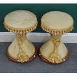 A pair of 19th century mahogany framed hour-glass shaped stools, with pleated damask upholstery,