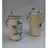 Two Westerwald stoneware pewter-mounted cylindrical tankards, 18th century,