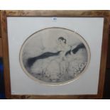 Louis Icart (1888-1950), Lady with dogs; Lady with a dog, two colour etchings, oval, both signed,