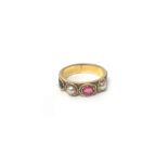 A Victorian gold, ruby and half pearl set hairwork band ring,