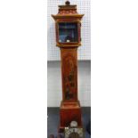 A crimson lacquer chinoiserie decorated longcase clock of small proportions, 20th century,