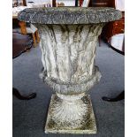 A white painted reconstituted stone garden urn, relief cast with courting classical figures,