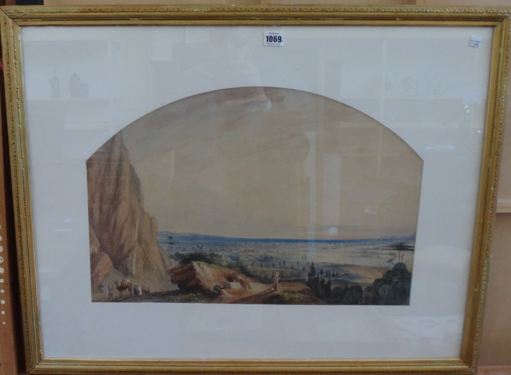 Circle of John Varley, Figures on the edge of a plain, watercolour, arched top, 38cm x 56cm.