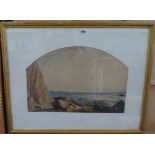 Circle of John Varley, Figures on the edge of a plain, watercolour, arched top, 38cm x 56cm.