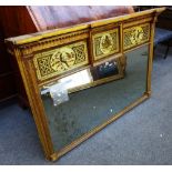 A Regency style gilt framed wall mirror, with painted triple panel top and rectangular mirror plate,