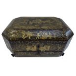 An early 19th century Chinese export black lacquer chinoiserie decorated sewing box of compressed