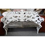 After Coalbrookdale, a cast aluminium bench, in the fern and berry pattern, 153cm wide x 90cm high.