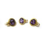 A pair of gold, amethyst and cultured pearl earclips,