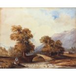 English School, 19th Century, Two figures fishing by a bridge in a landscape, watercolour,