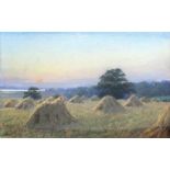 Lawrence G Linnell (British, early 20th Century) Haystacks at sunset,