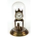 A Brass frame anniversary timepiece, circa 1900, under a glass dome, 32cm high.