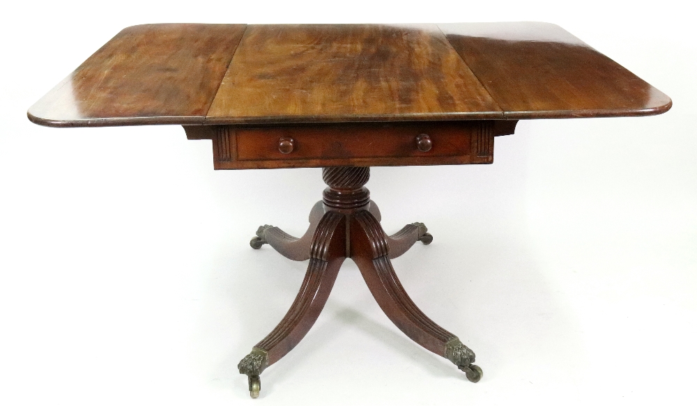 A Regency mahogany ebony banded breakfast table, with hinged drop leaves, two end drawers, - Image 2 of 2