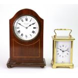 Kendal & Dent: an Edwardian mahogany chequer banded mantel timepiece, in arched top case, 22cm high,