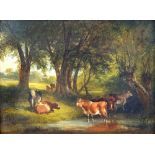 English School, 19th Century, Cattle watering; Cattle crossing a stream, a pair, oil on board,