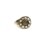 A Victorian half pearl and hairwork mourning ring,