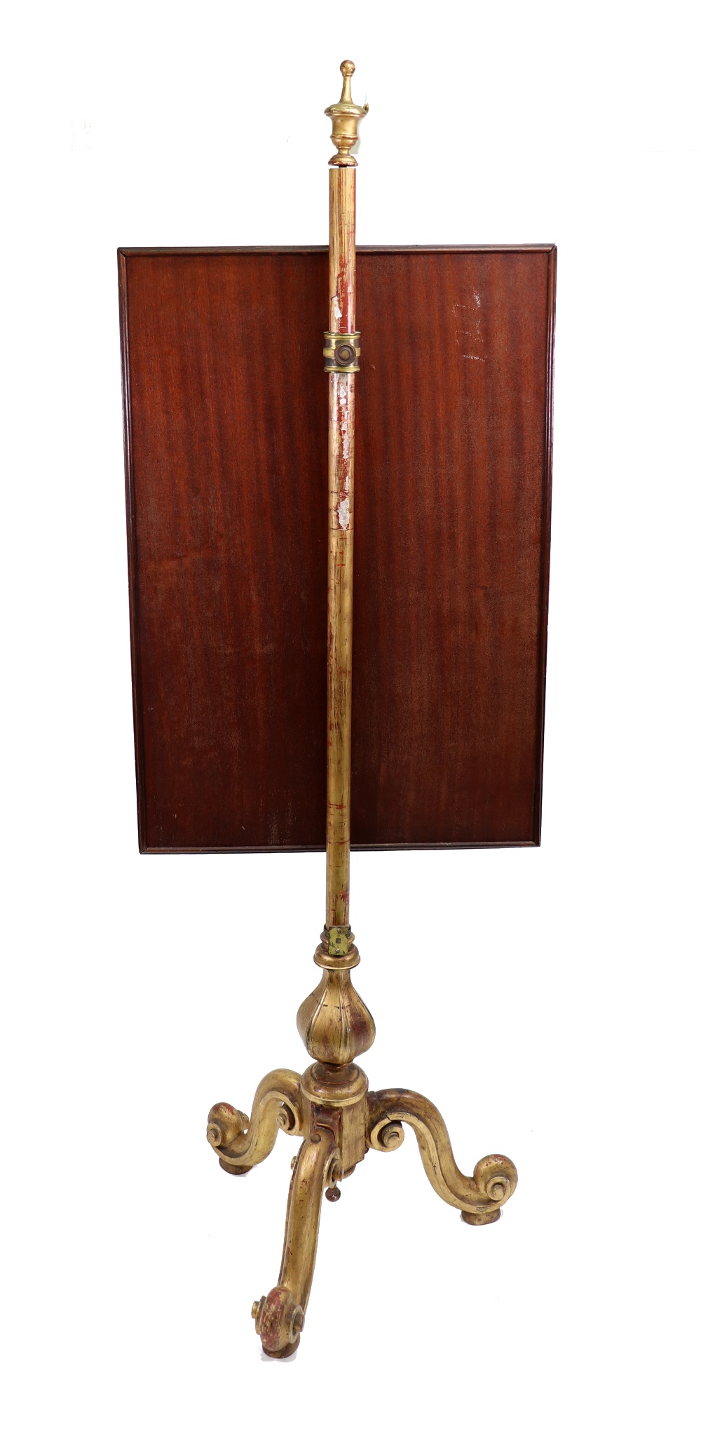 A Victorian giltwood pole screen, circa 1860, with hexagonal pillar and scrolled tripod base, - Image 2 of 2