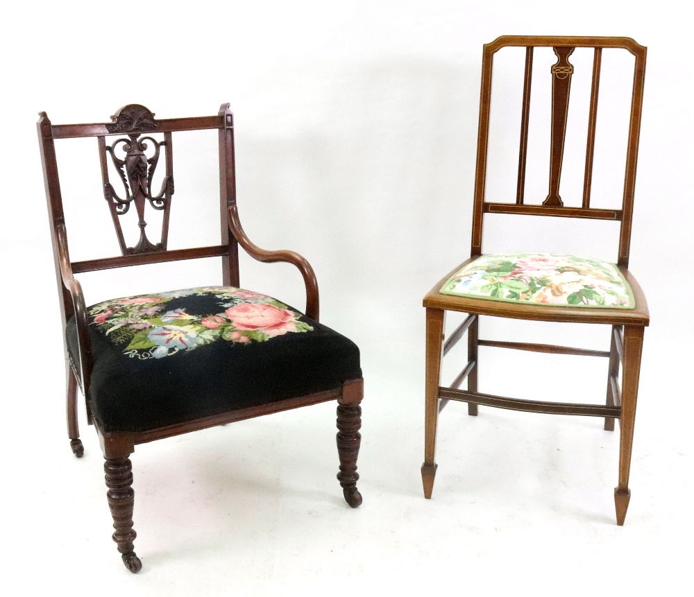 A late Victorian mahogany frame nursing chair, with foliate carved pierced splat back,