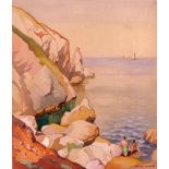 Joseph Milner (British, 20th Century), Men bathing off a rocky coastline,