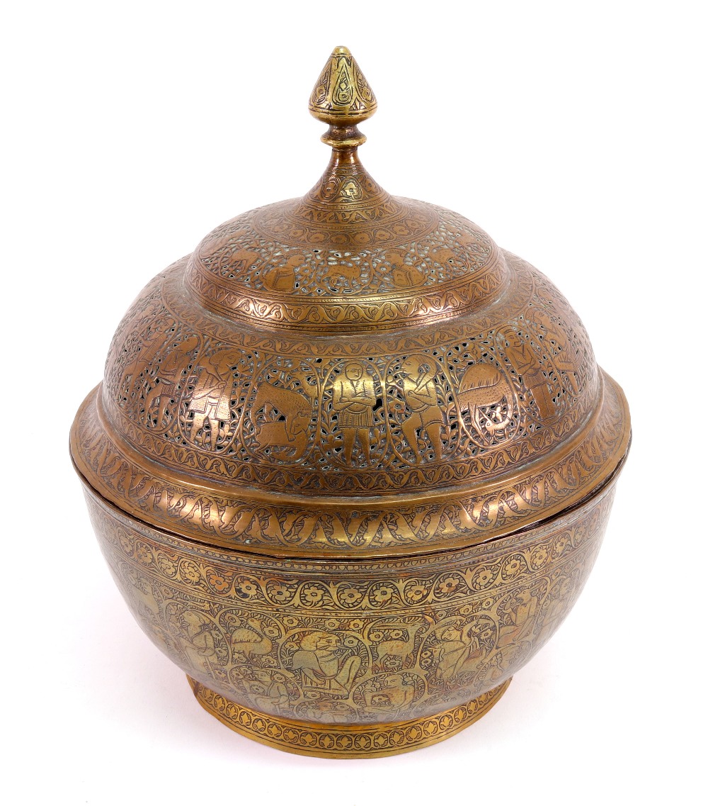 An Islamic brass bowl and cover, late 19th/early 20th century,