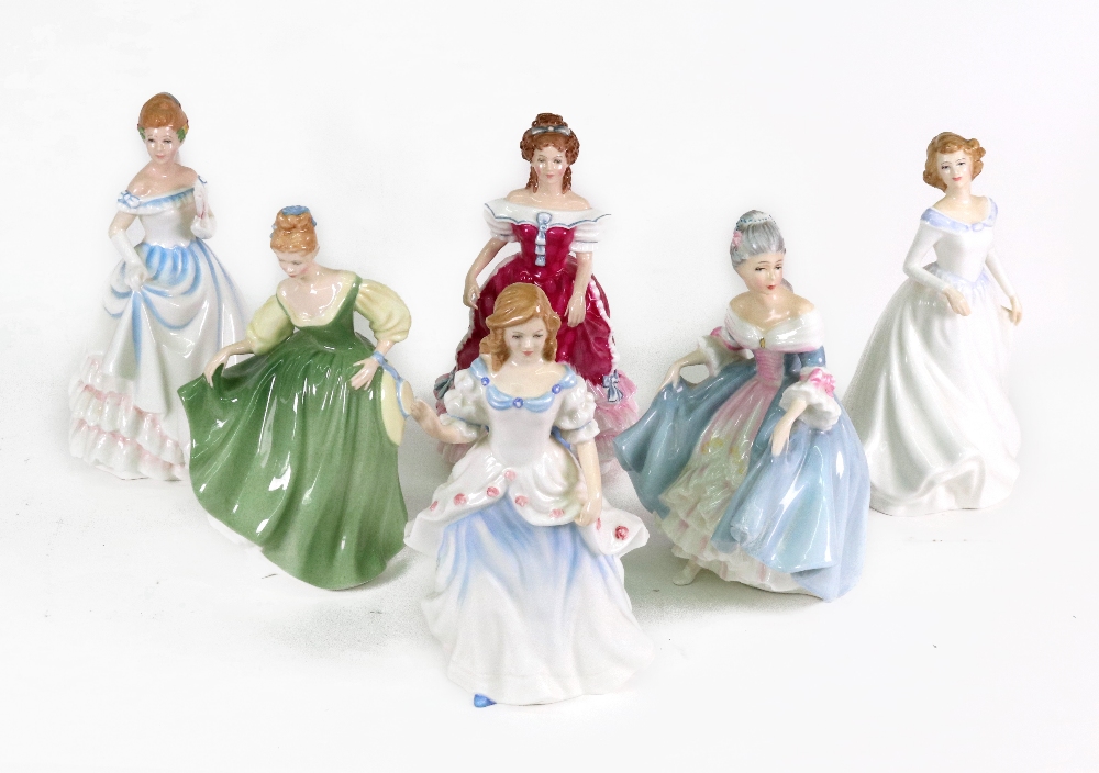 A collection of six Royal Doulton porcelain figures, Laura HN 3760, Megan HN 3887, Claire HN 3646,