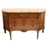 A transitional style ormolu mounted kingwood crossbanded boxwood strung commode, circa 1900,
